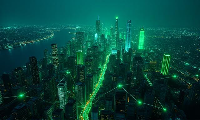 Connected smart city at night with green lights.